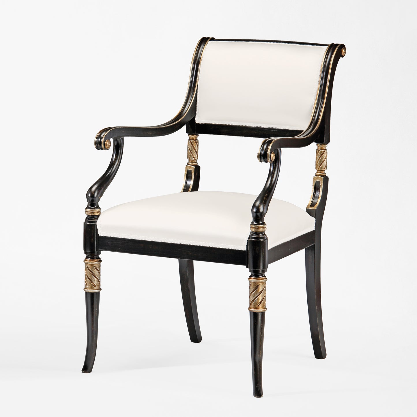Italian black and silver chair with white fabric.