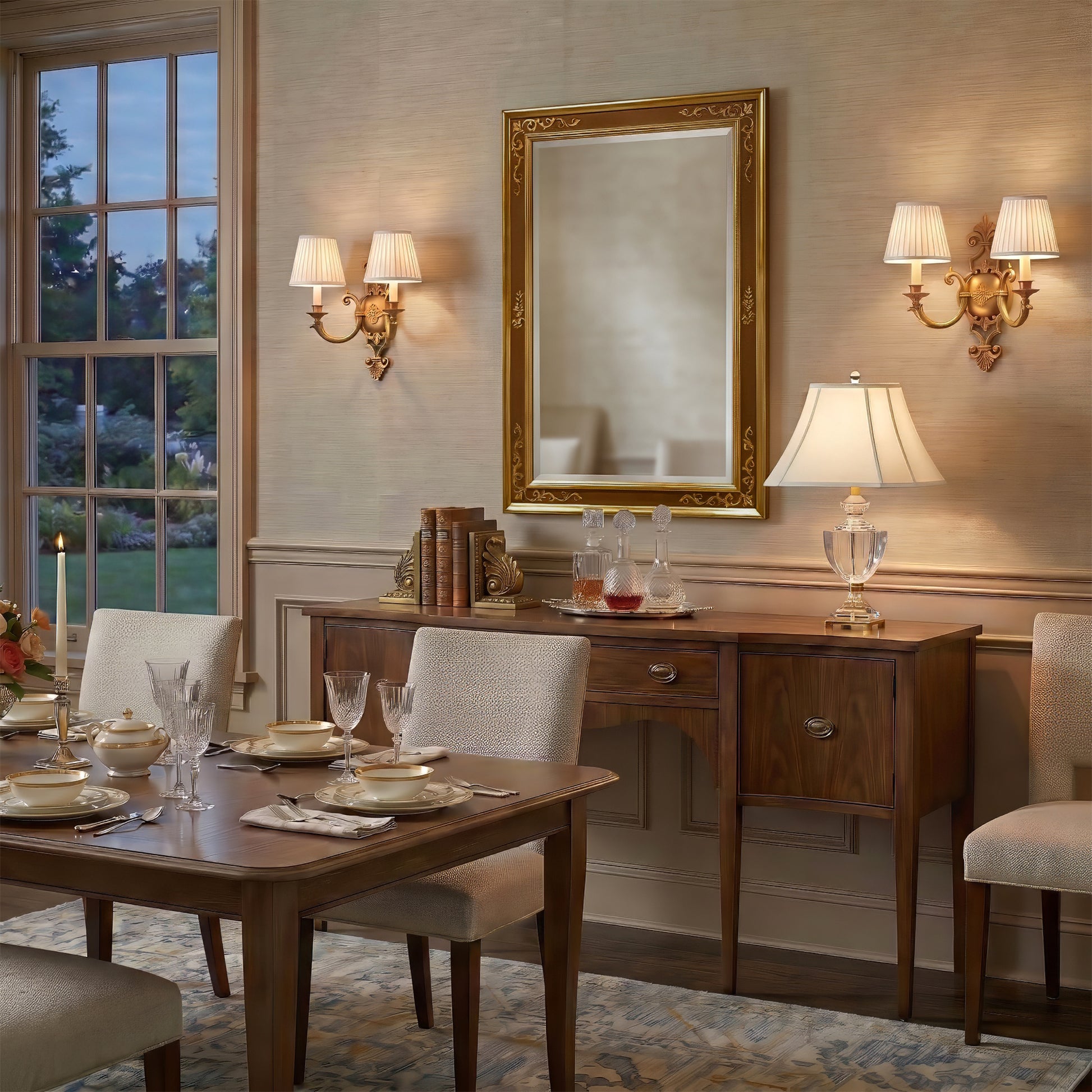 An elegant dining room scene featuring a large gold-framed rectangular mirror on a wall, flanked by two luxurious brass wall sconces. Below the mirror is a dark wood sideboard with a crystal table lamp, books, and glassware.