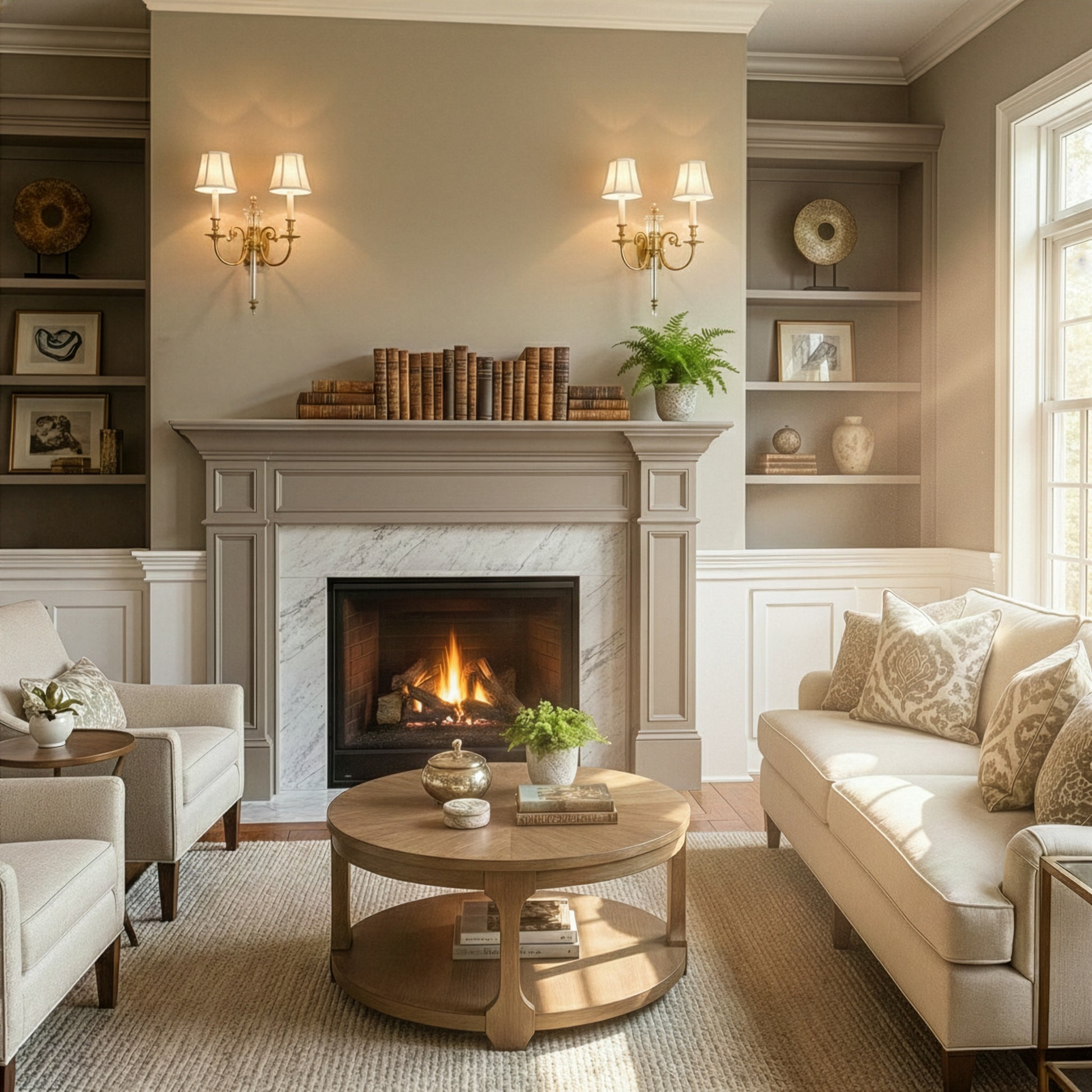 A pair of antique brass sconces in a living setting above a fireplace.