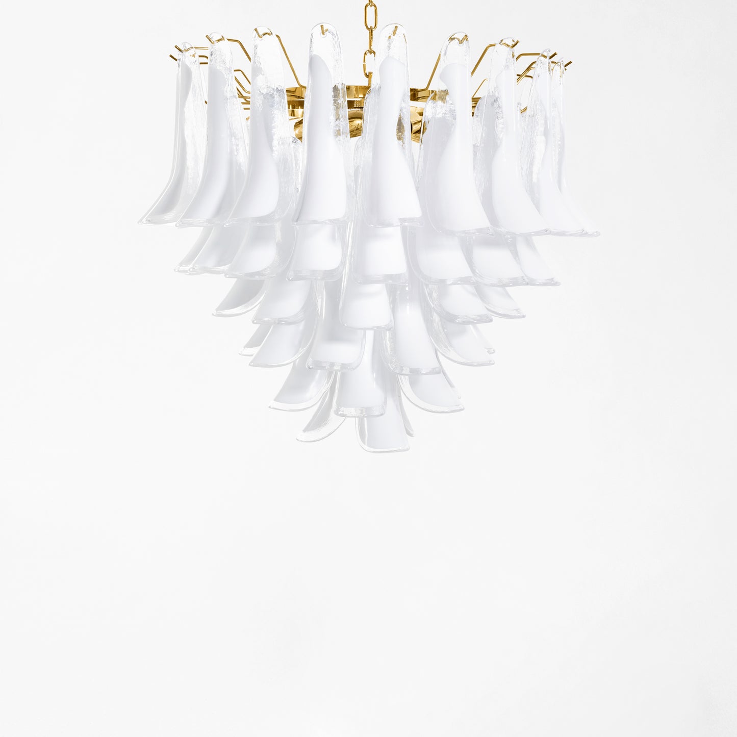 White Murano glass chandelier with gold hardware.