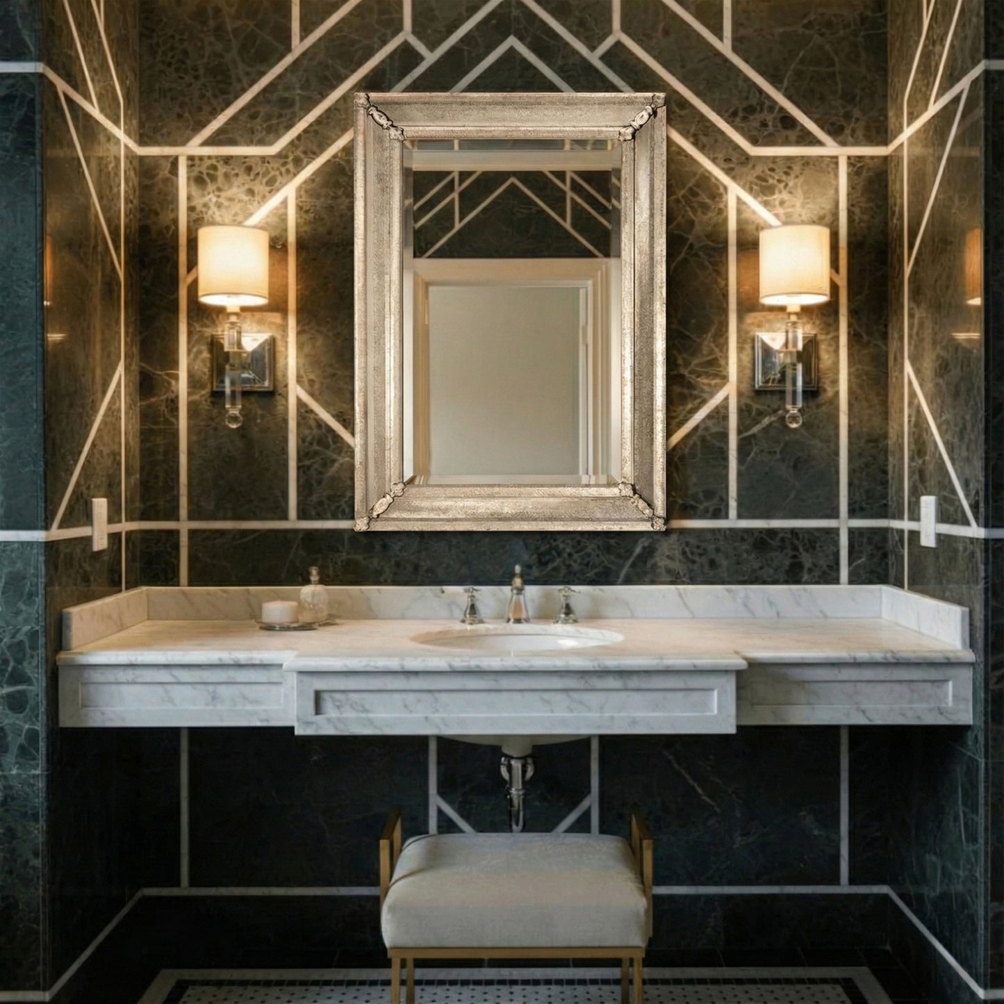 A murano glass mirror flanked by two polished nickel sconces in a black and silver bathroom.