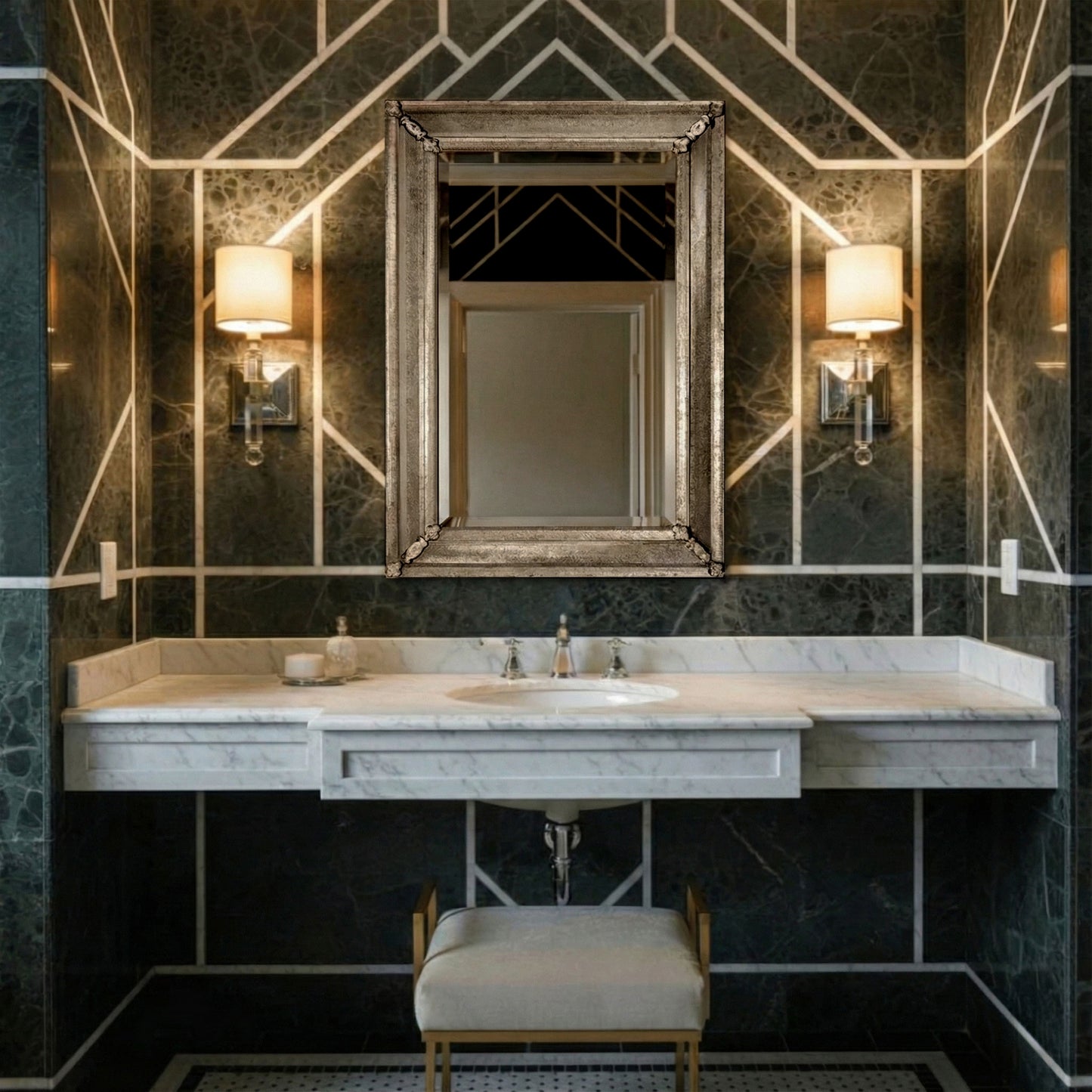 A murano glass mirror flanked by two polished nickel sconces in a black and silver bathroom.