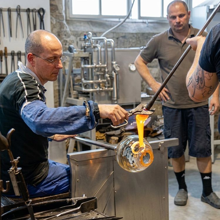 Making a Murano glass chandelier in an Italian factory in Venice.