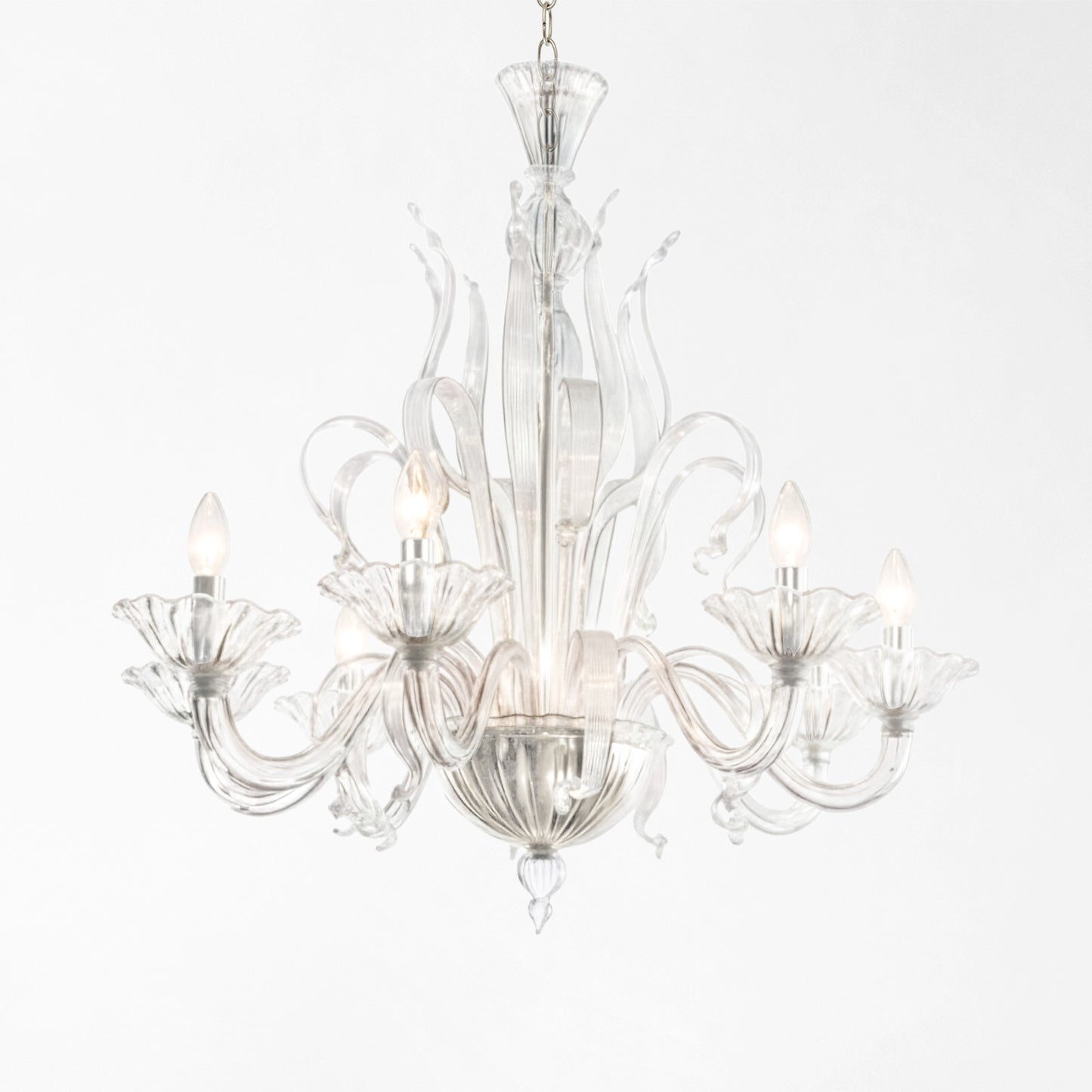 Clear Murano glass chandelier with nickel hardware.