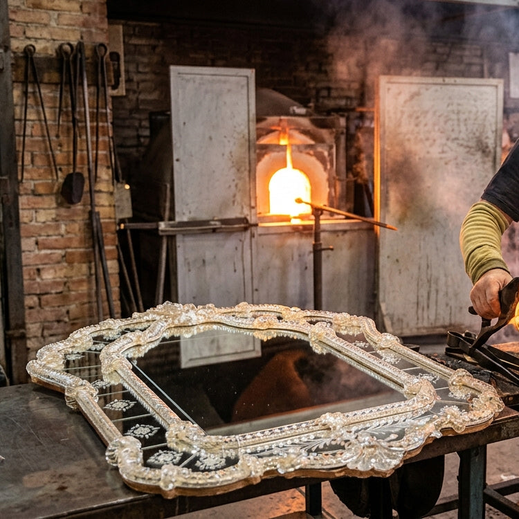An ornate hand-blown glass mirror sits on a workbench in a traditional glassblowing workshop. In the background, a fire burns brightly inside a traditional brick and metal bellows furnace, with a glassblower's arm visible on the right side.