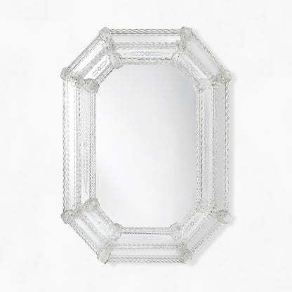 Clear octagonal Murano glass mirror with etched design.