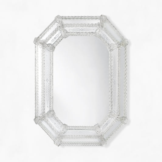 Clear octagonal Murano glass mirror with etched design.