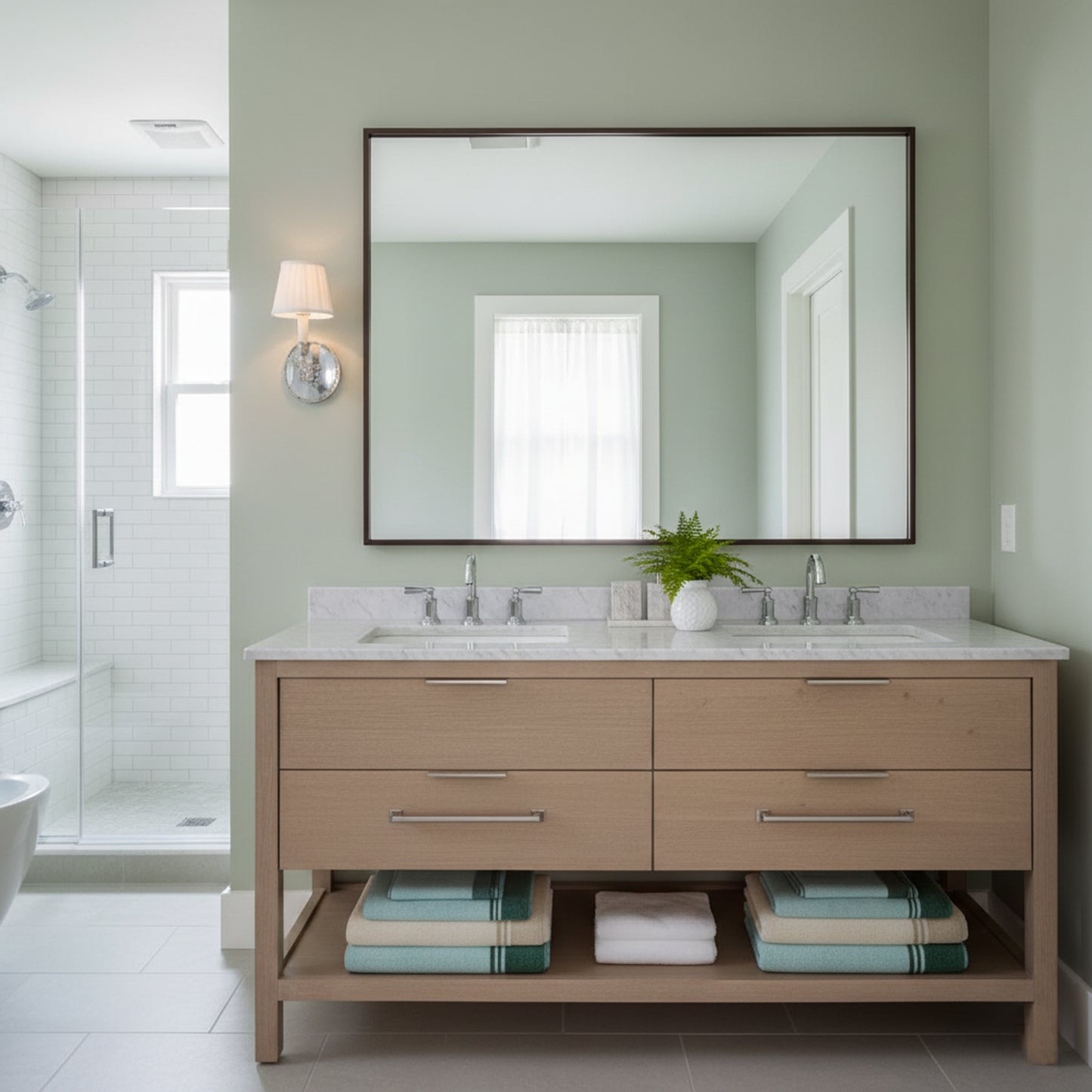 Nickel sconce on a green wall in a transitionally decorated bathroom.