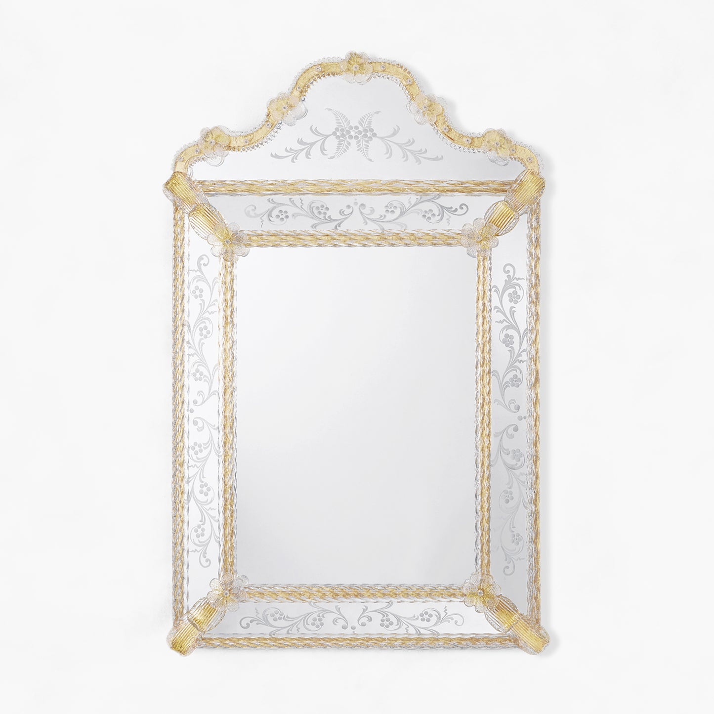 Ornate Venetian glass mirror with etched details.