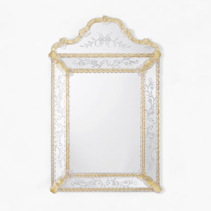 Ornate Venetian glass mirror with etched details.