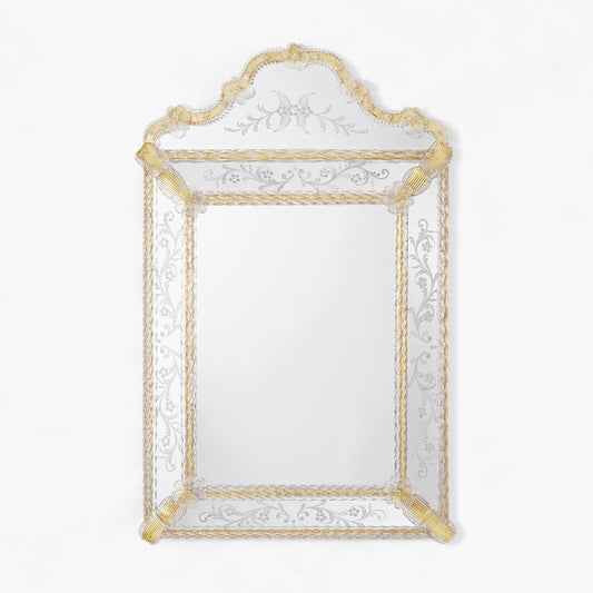 Ornate Venetian glass mirror with etched details.
