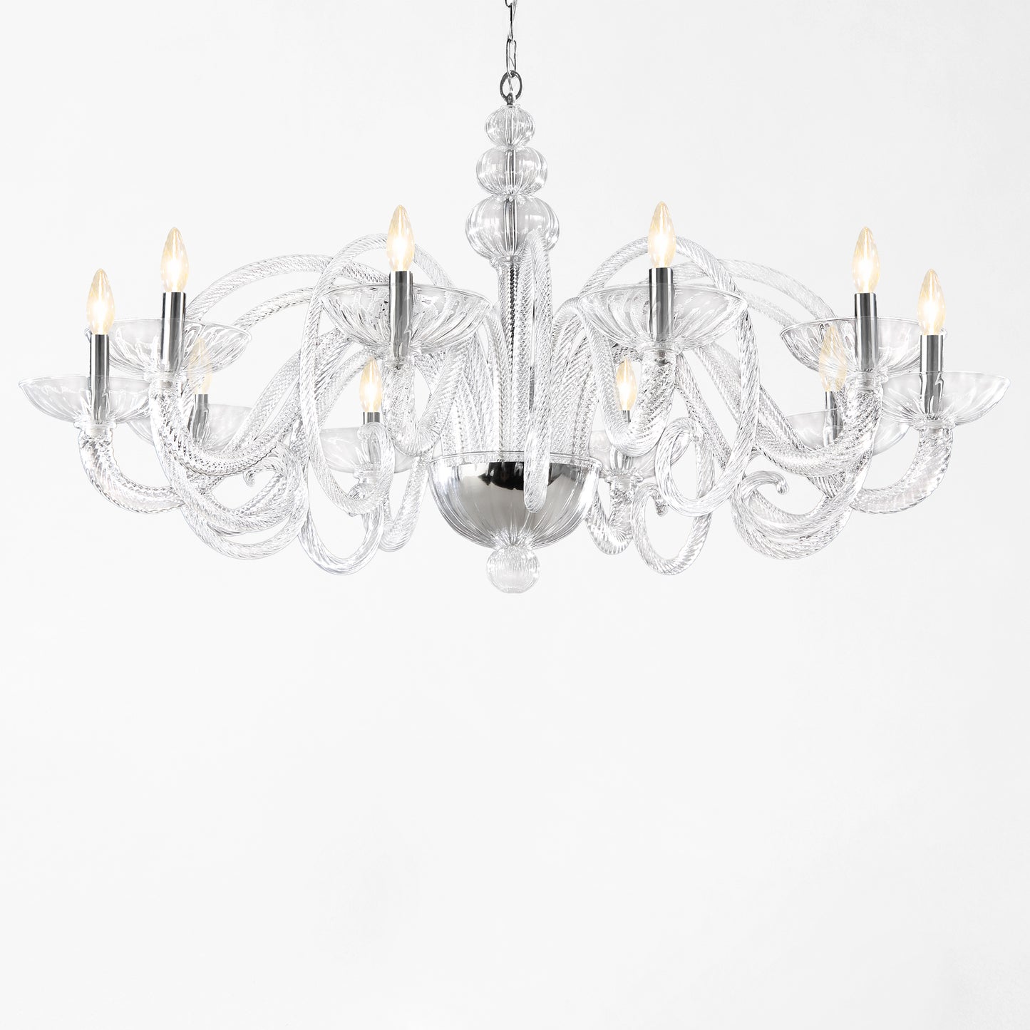 Ornate clear Murano glass chandelier with nickel hardware.