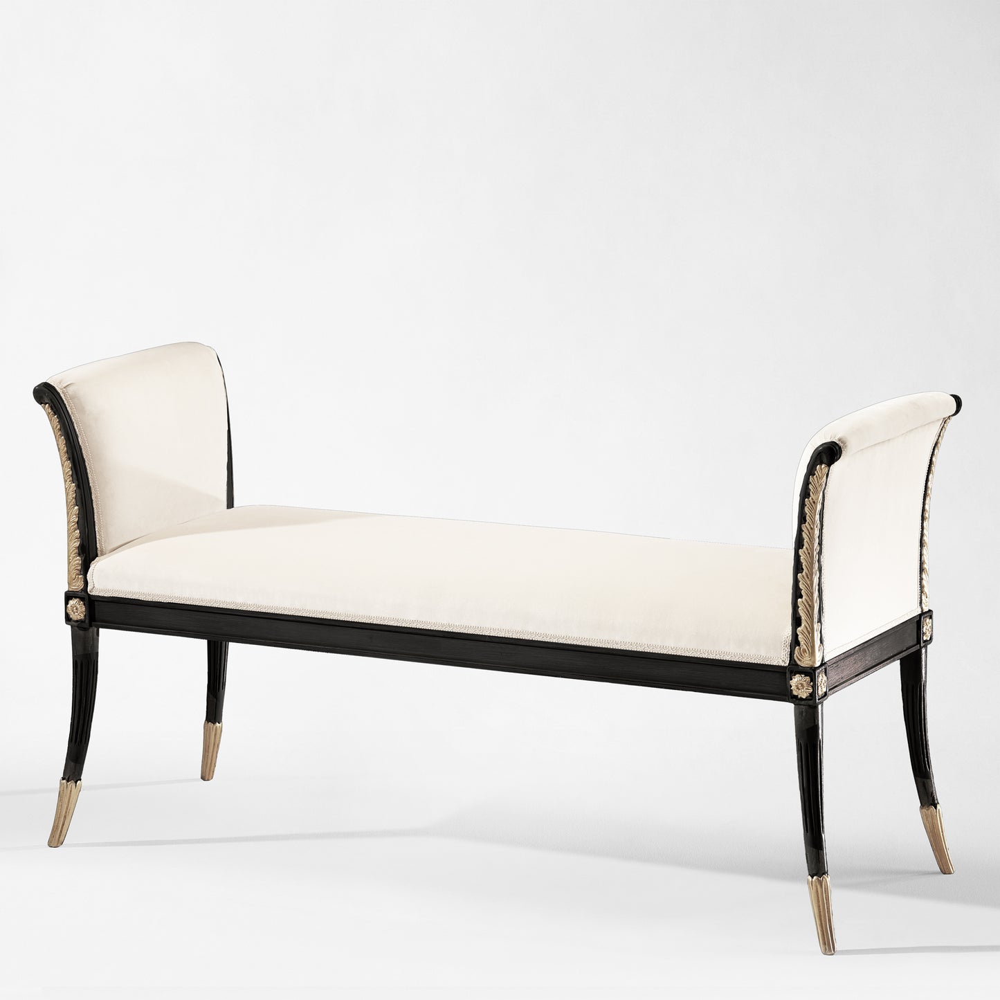 Black and silver Italian bench with white fabric.