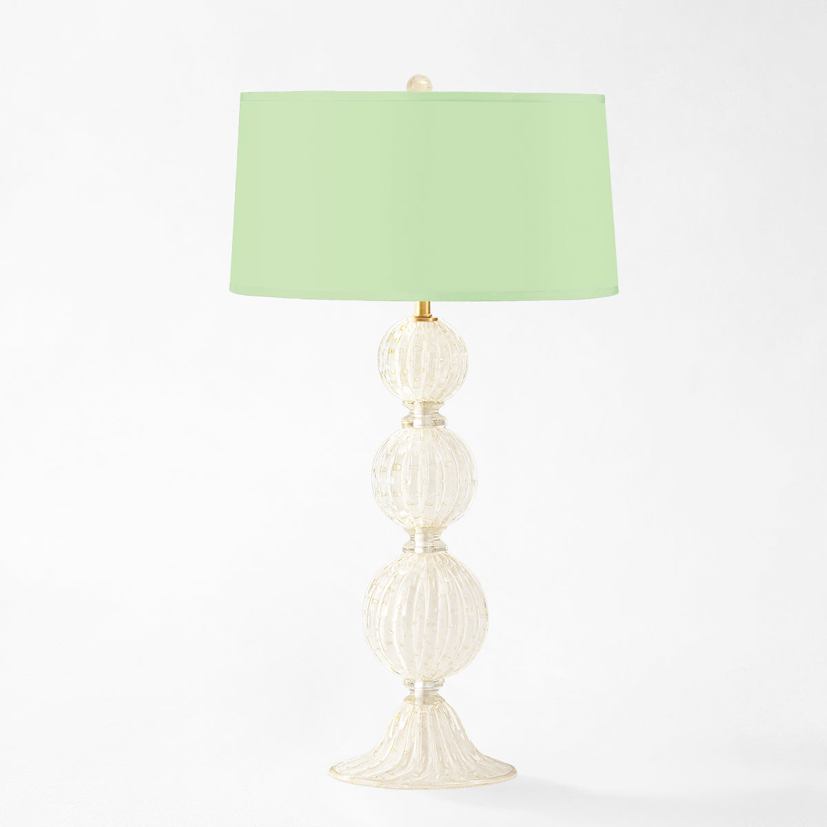 White Murano glass table lamps with light green lamp shade.