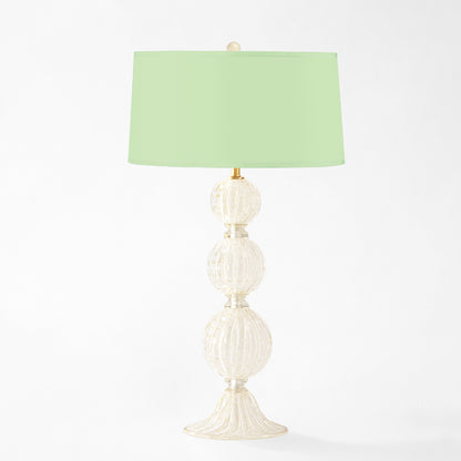 White Murano glass table lamps with light green lamp shade.