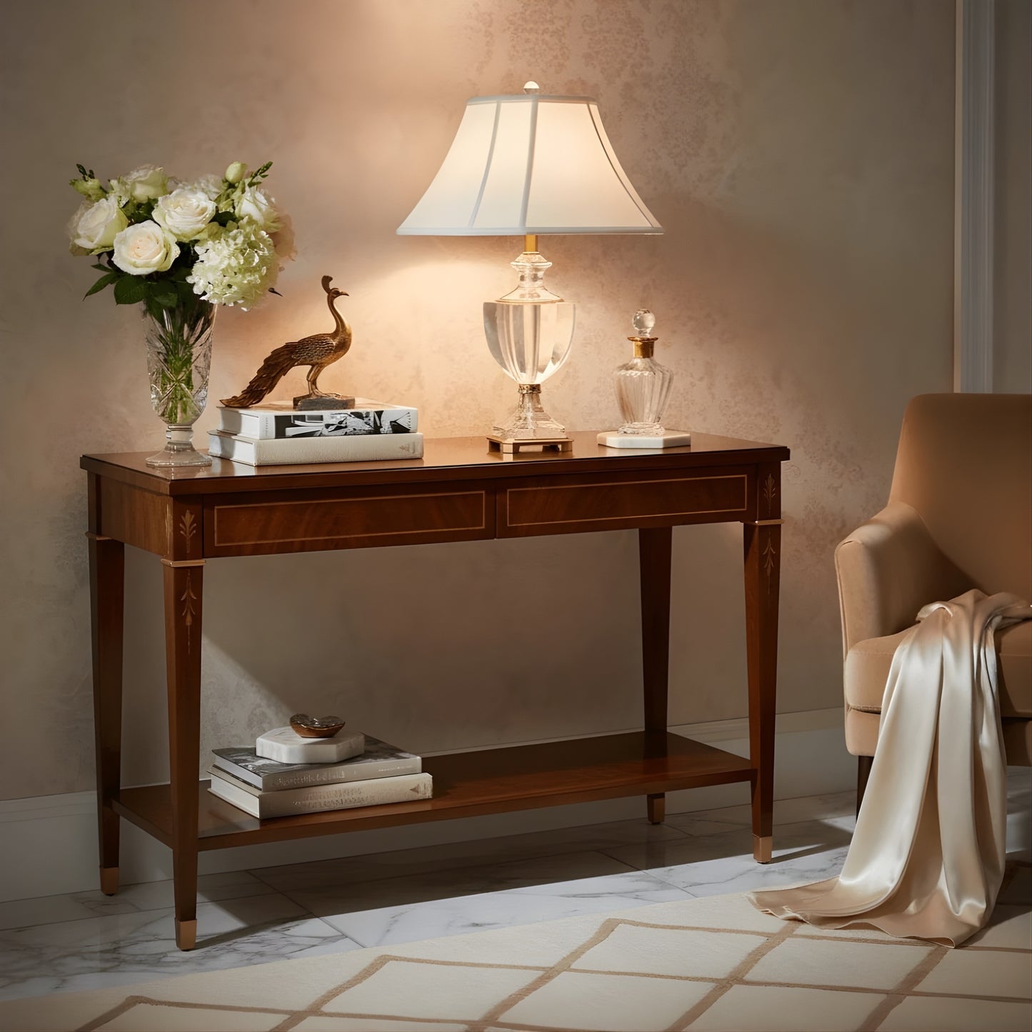 Italian console table with a crystal and antique brass lamp in a luxurious living room.
