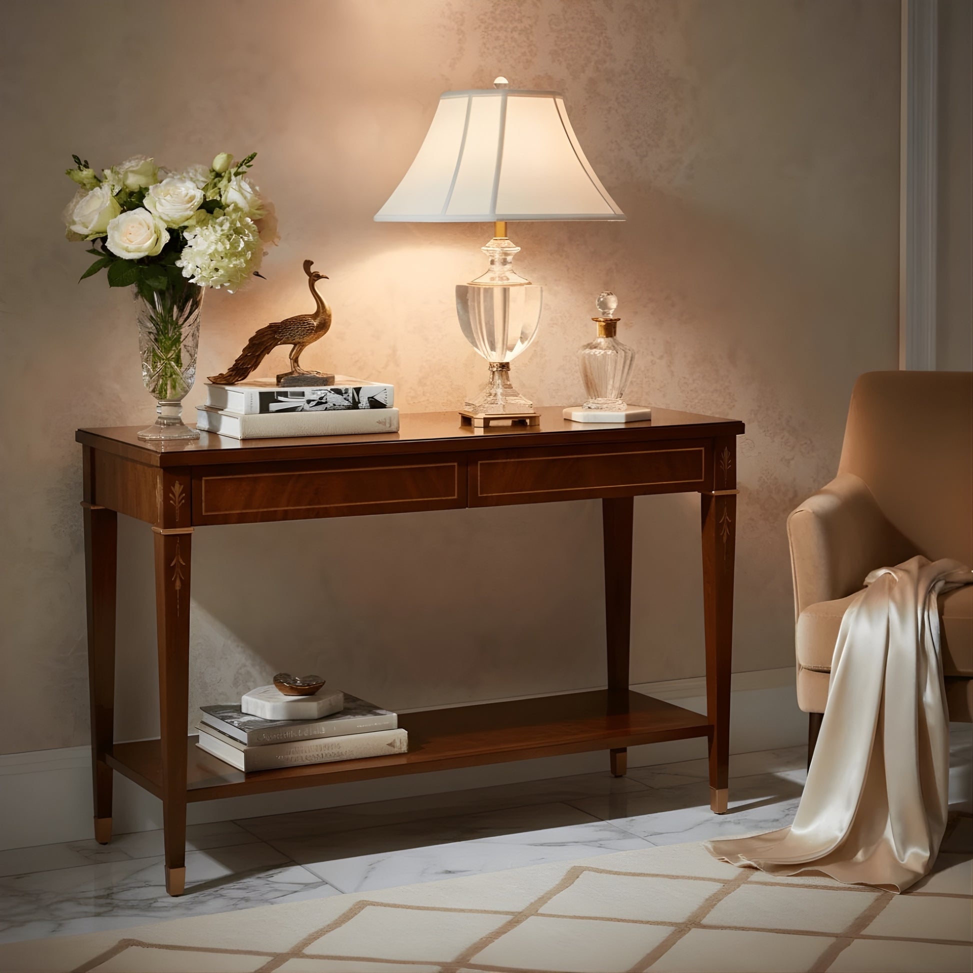 Italian console table with a crystal and antique brass lamp in a luxurious living room.