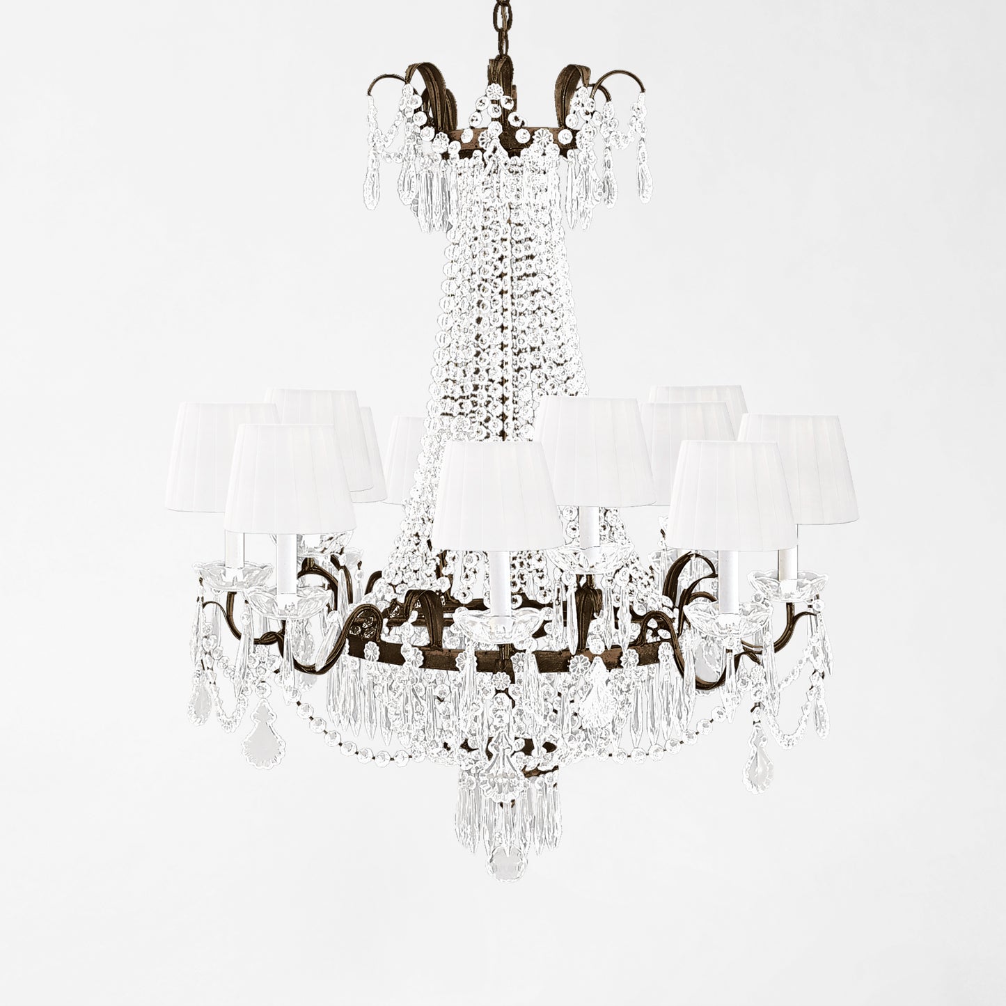 Traditional Italian chandelier with black trim and white pleated shades.