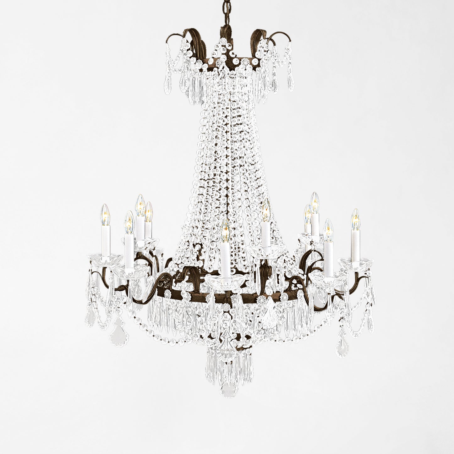 Traditional Italian chandelier with black trim and crystals.