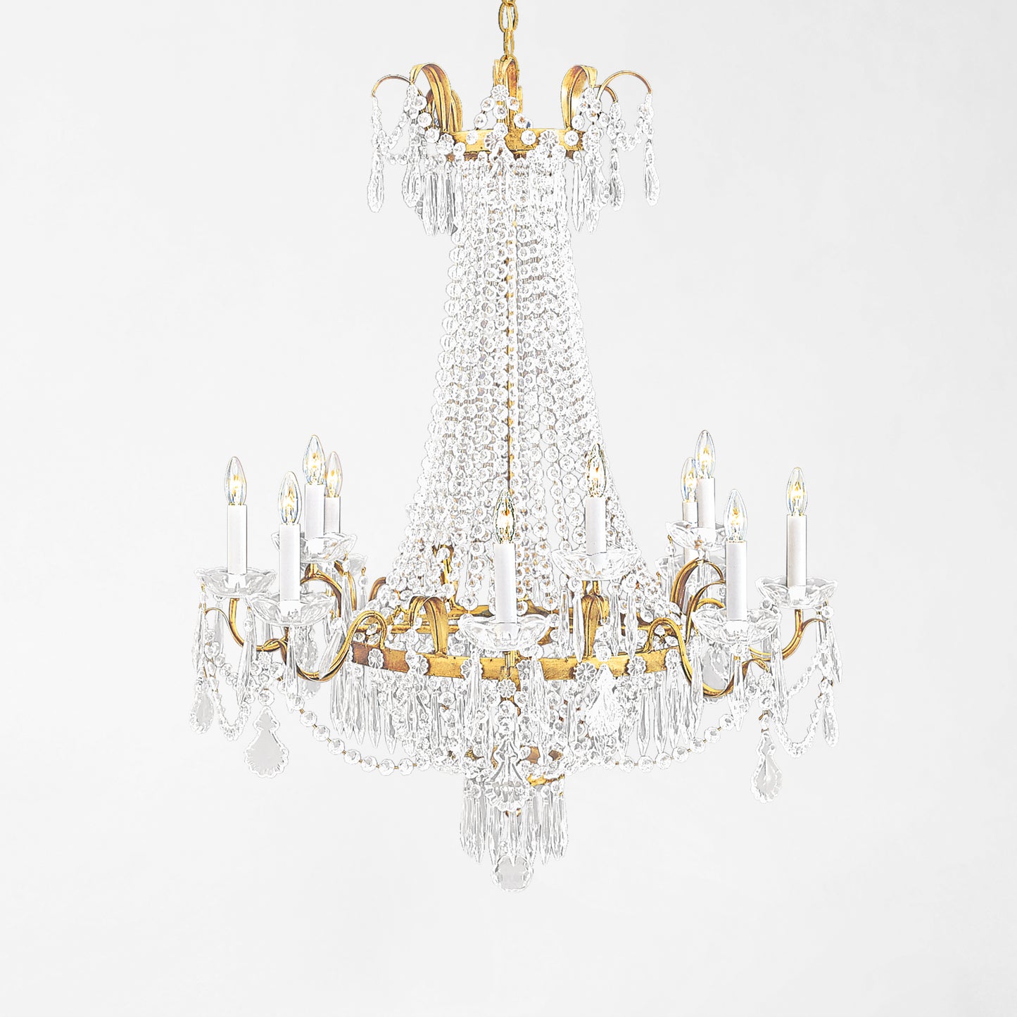 Traditional gold Italian chandelier with crystals.