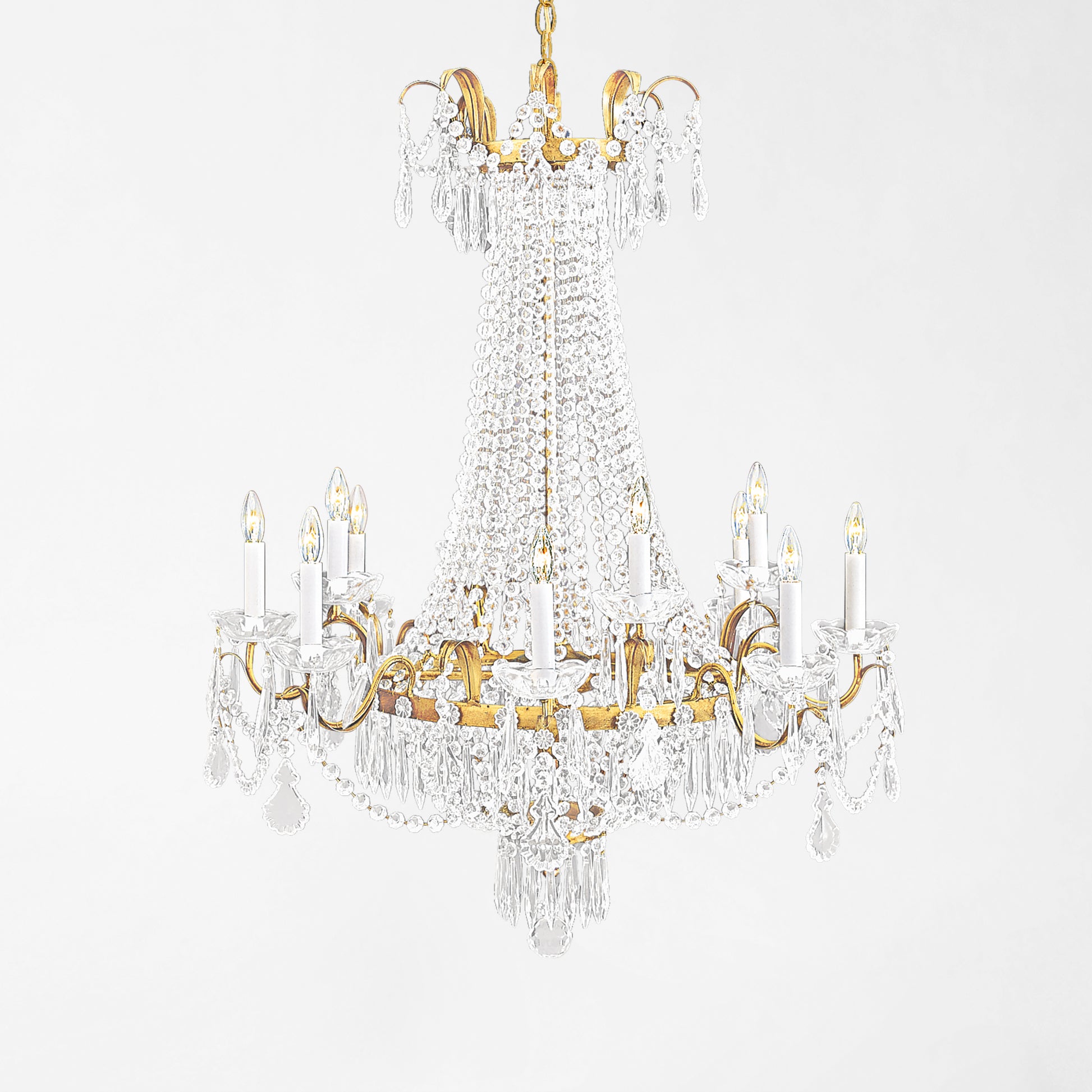 Traditional gold Italian chandelier with crystals.