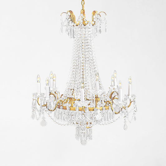 Traditional gold Italian chandelier with crystals.