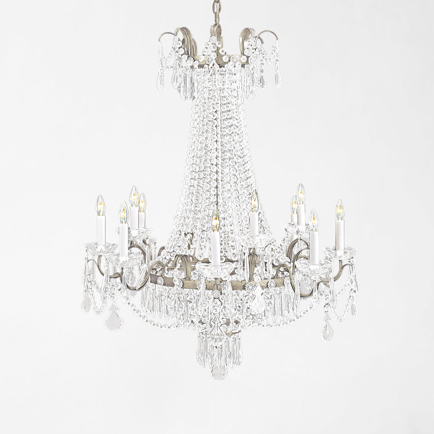 Traditional Italian chandelier with silver trim and crystals.