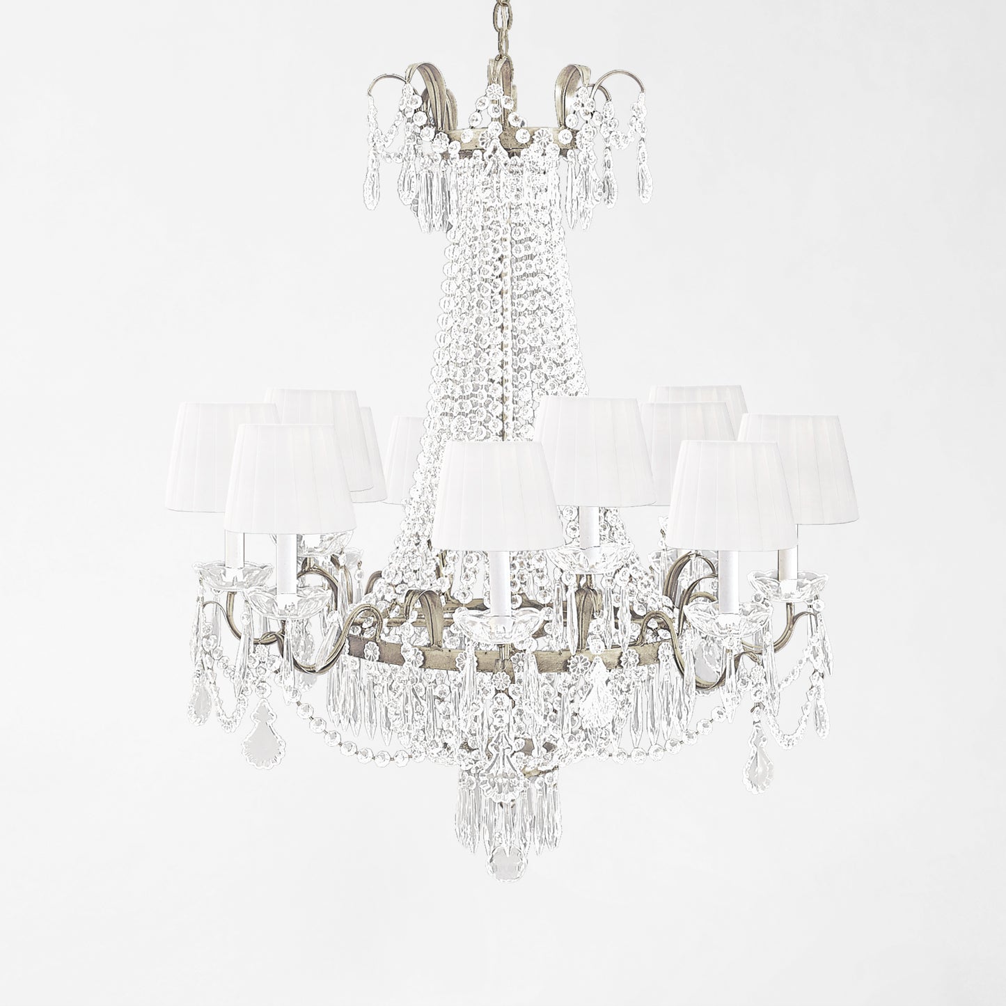 Silver Italian chandelier with white pleated shades and crystals.