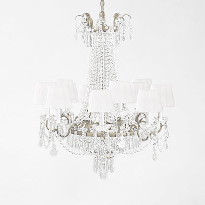Silver Italian chandelier with white pleated shades and crystals.