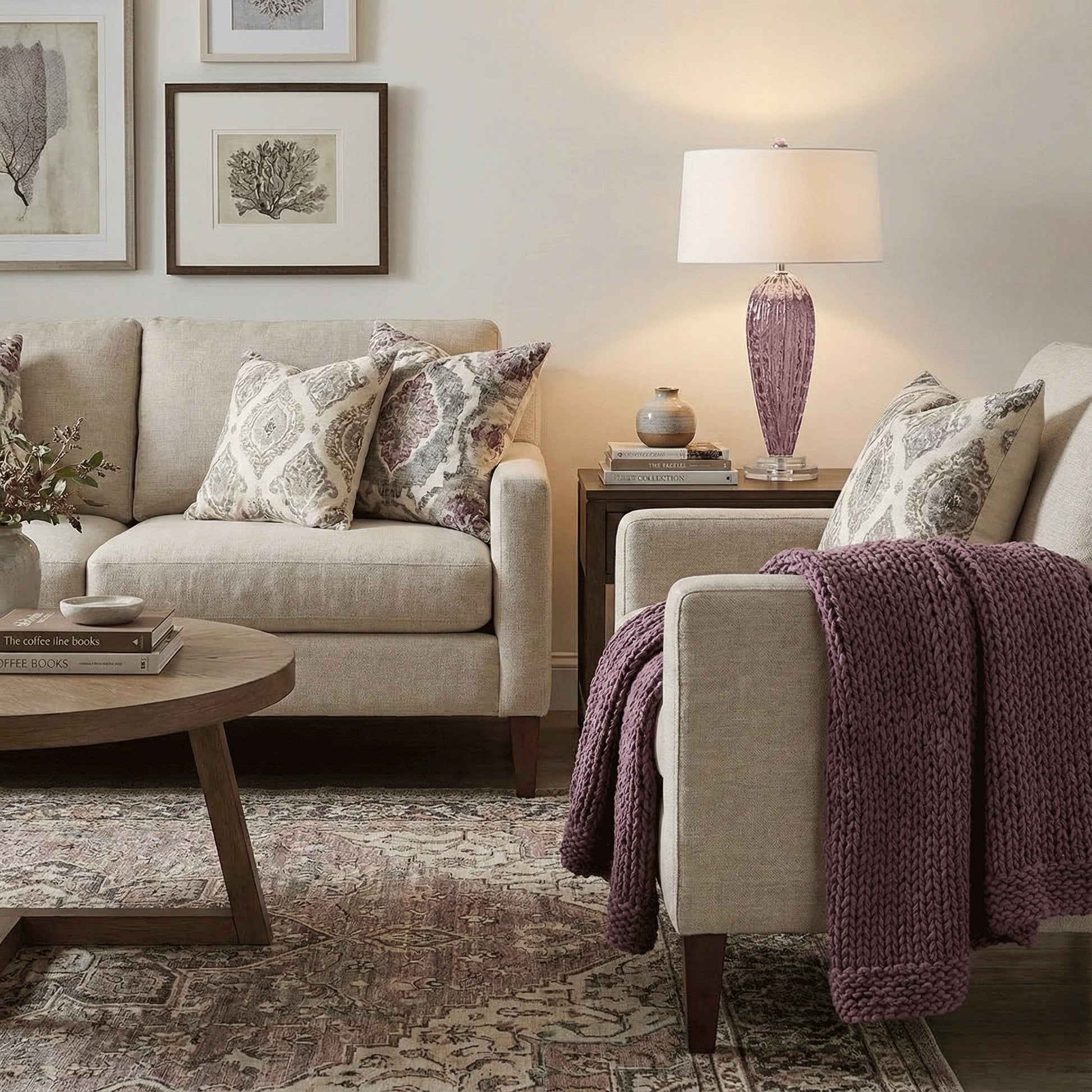 A Purple Murano Glass Lamp in a living room setting.