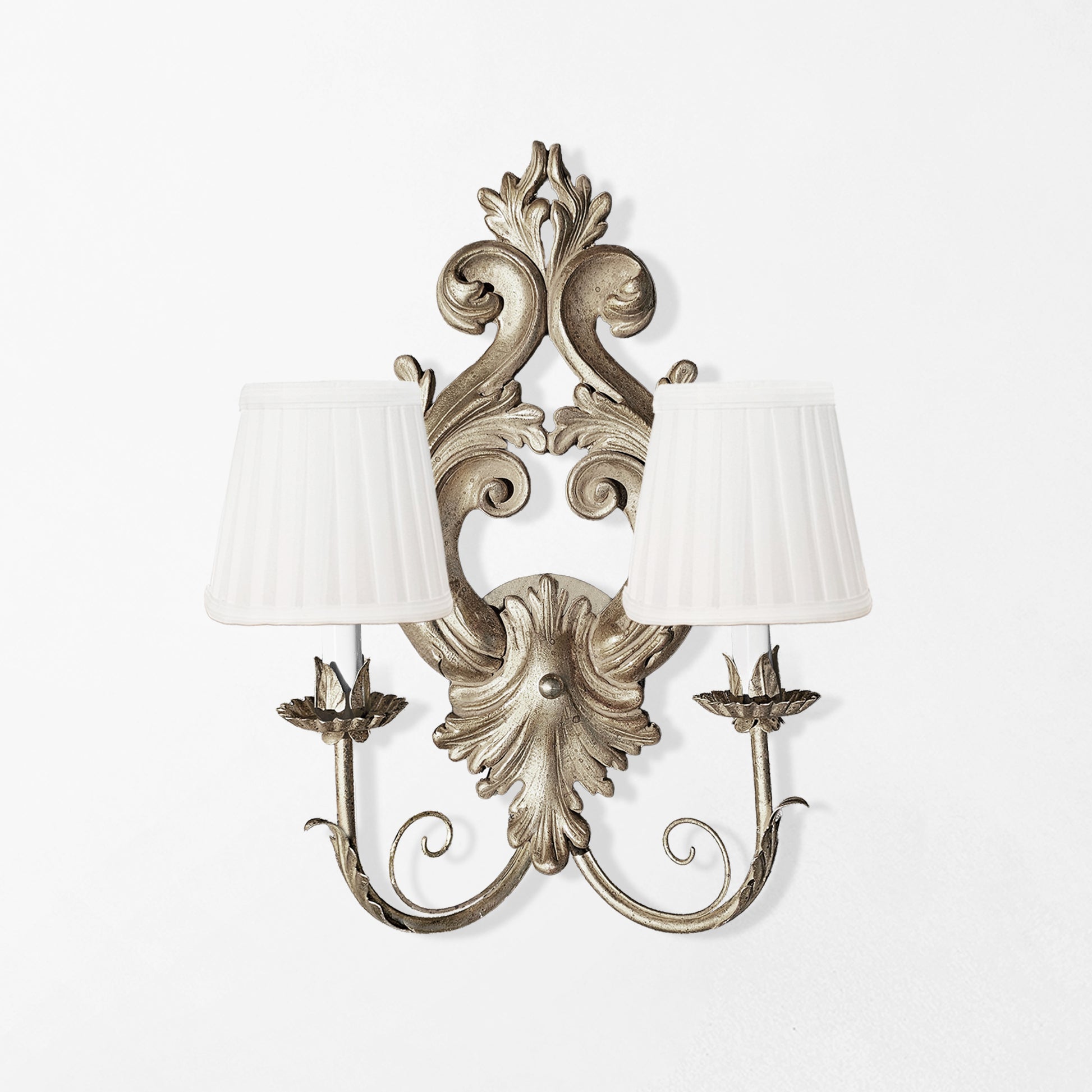 Traditional silver luxury sconce with white shades. Made in Italy.