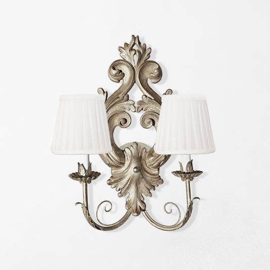 Traditional silver luxury sconce with white shades. Made in Italy.