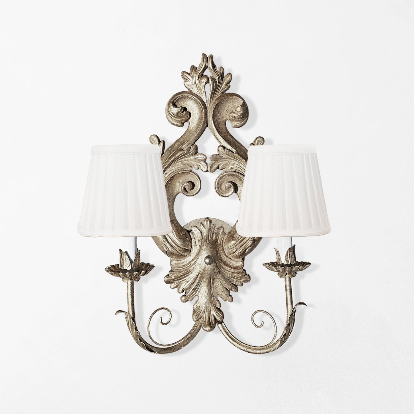 Traditional silver wooden sconce with white shades. Made in italy.