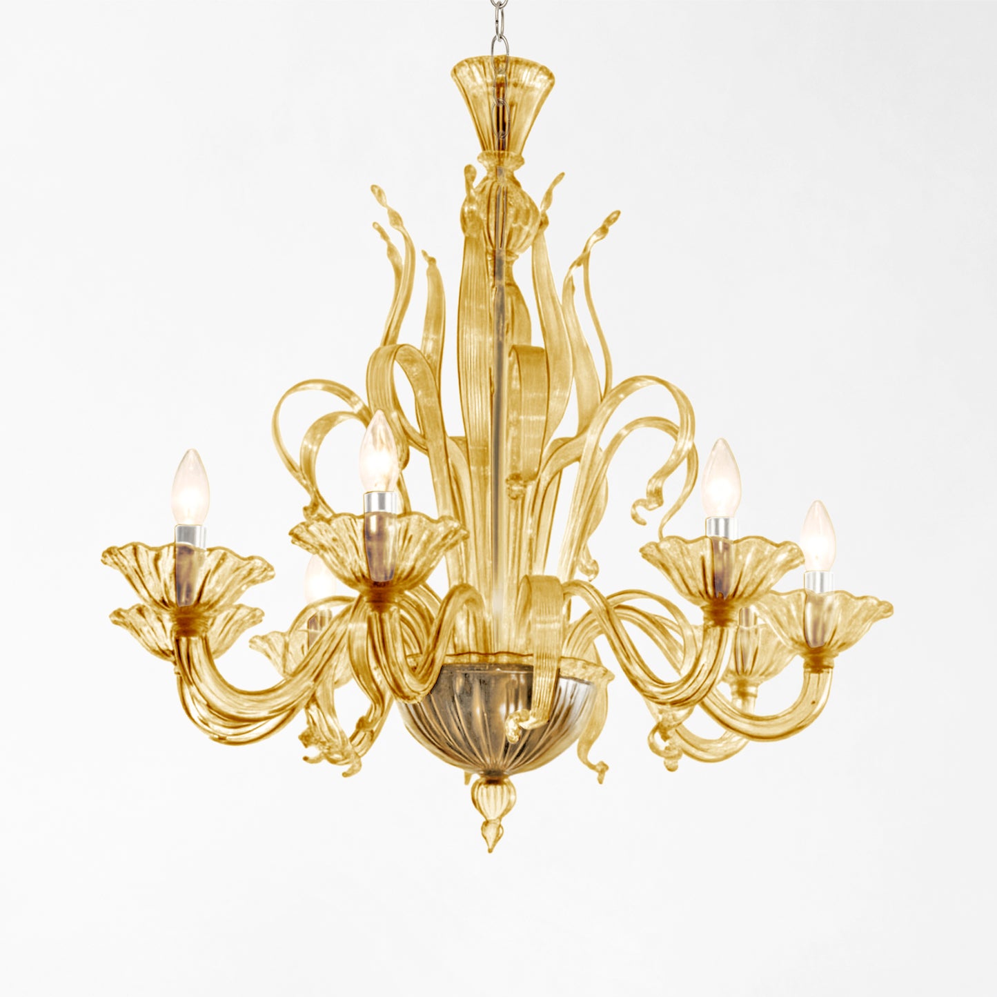 Amber Murano glass chandelier with nickel hardware.