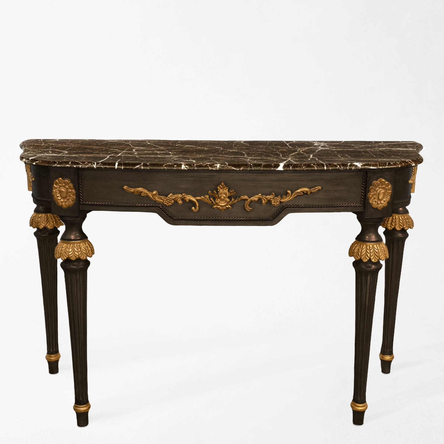Traditional black Italian console table with gold details and brown Emperador marble top.