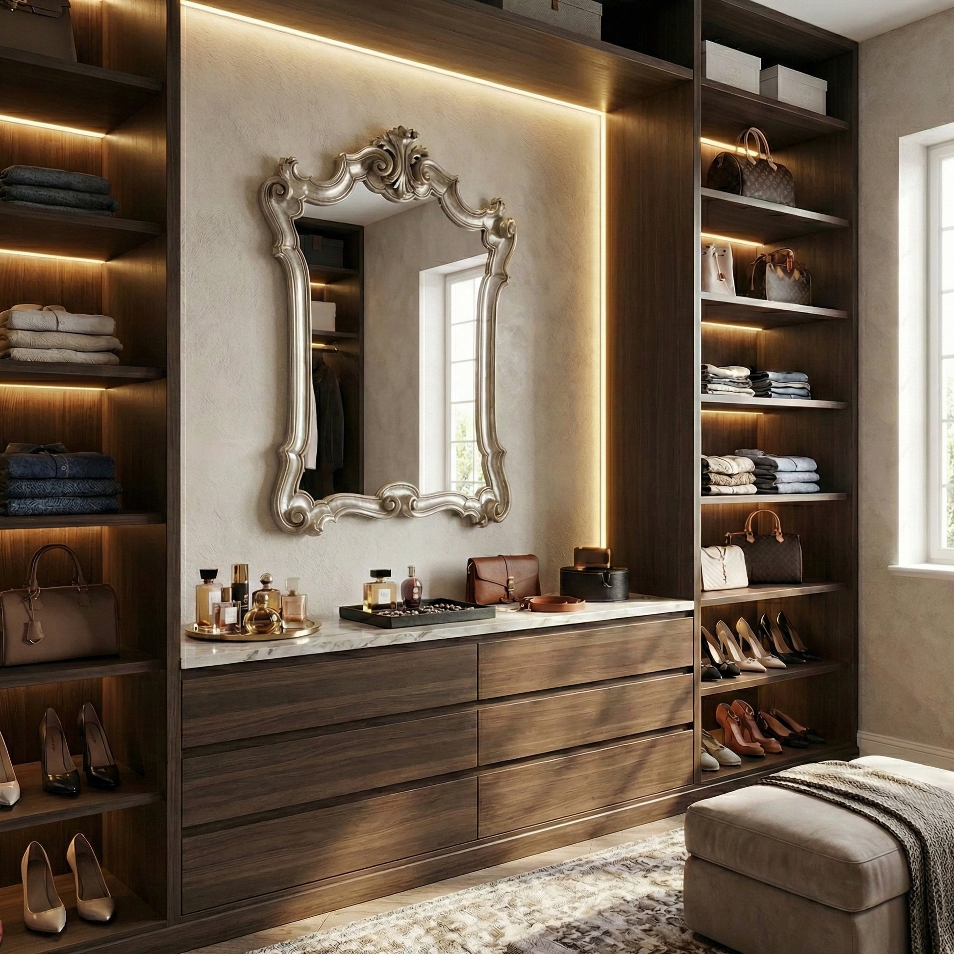 A hand-carved silver-leaf Italian mirror in a bedroom setting inside a brown wooden wardrobe.