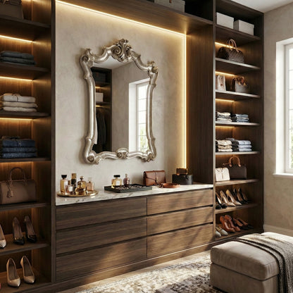 A hand-carved silver-leaf Italian mirror in a bedroom setting inside a brown wooden wardrobe.