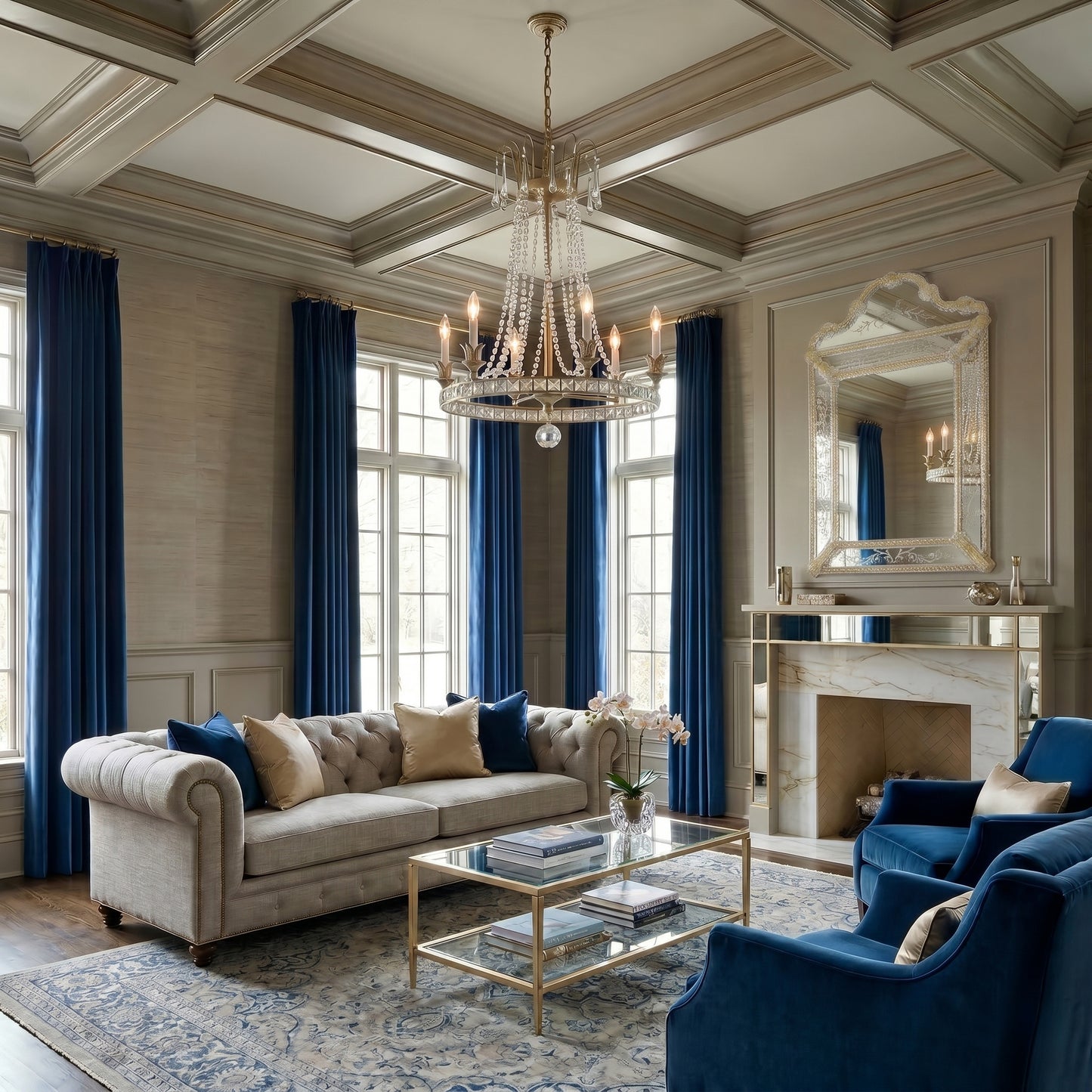 Venetian glass mirror in a luxurious living room with a silver Italian chandelier.