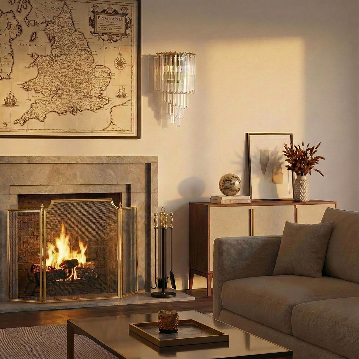 Luxurious living room with brass fireplace screen and large Italian crystal sconce.