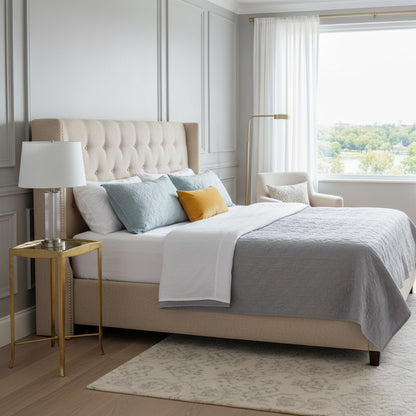 Transitional bedroom with a gold leaf end table.