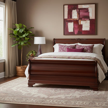 A Transitionally decorated bedroom with a purple Murano glass lamp. 