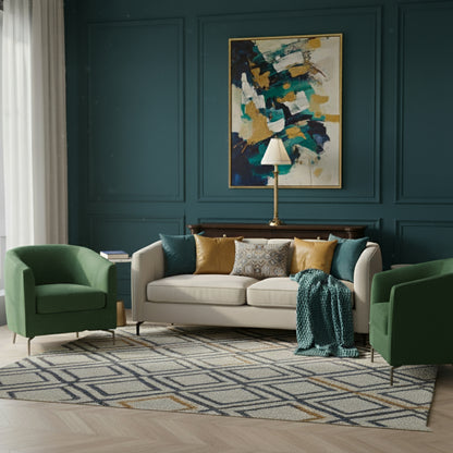 Transitional Living Room with a brass table lamp. 