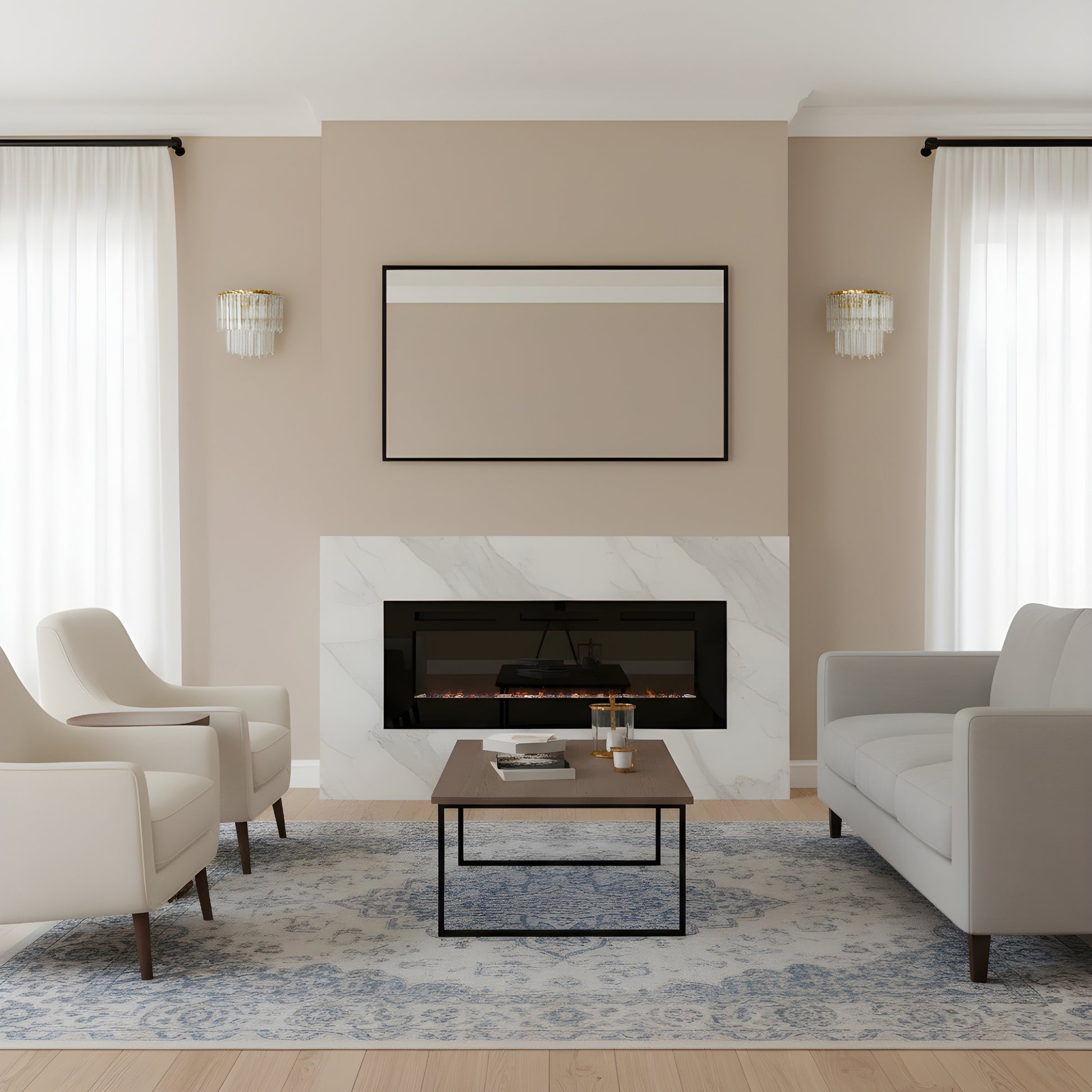 Modern living room with a fireplace, beige walls, and crystal sconces.