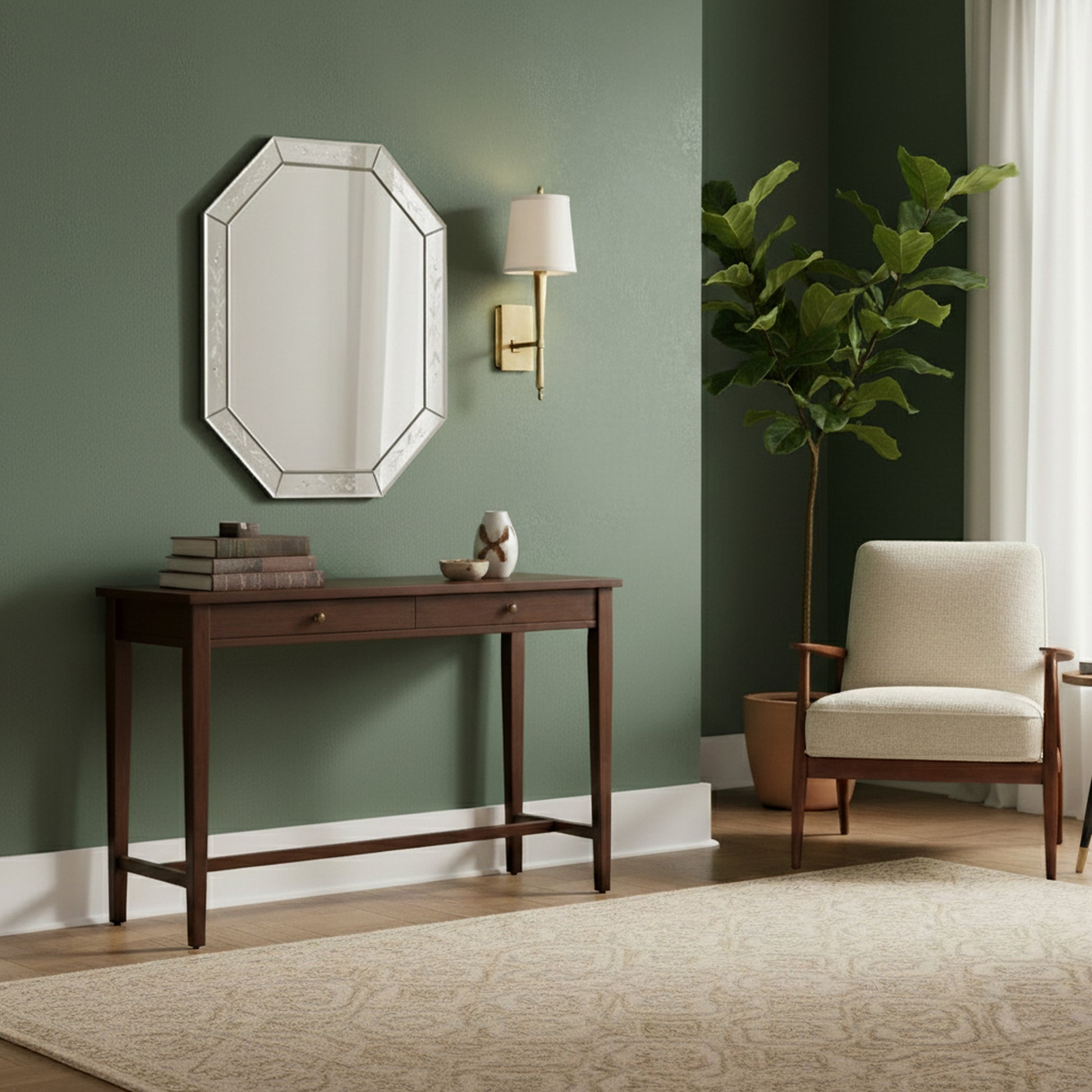 Transitional room with a brass sconce and a murano glass mirror.