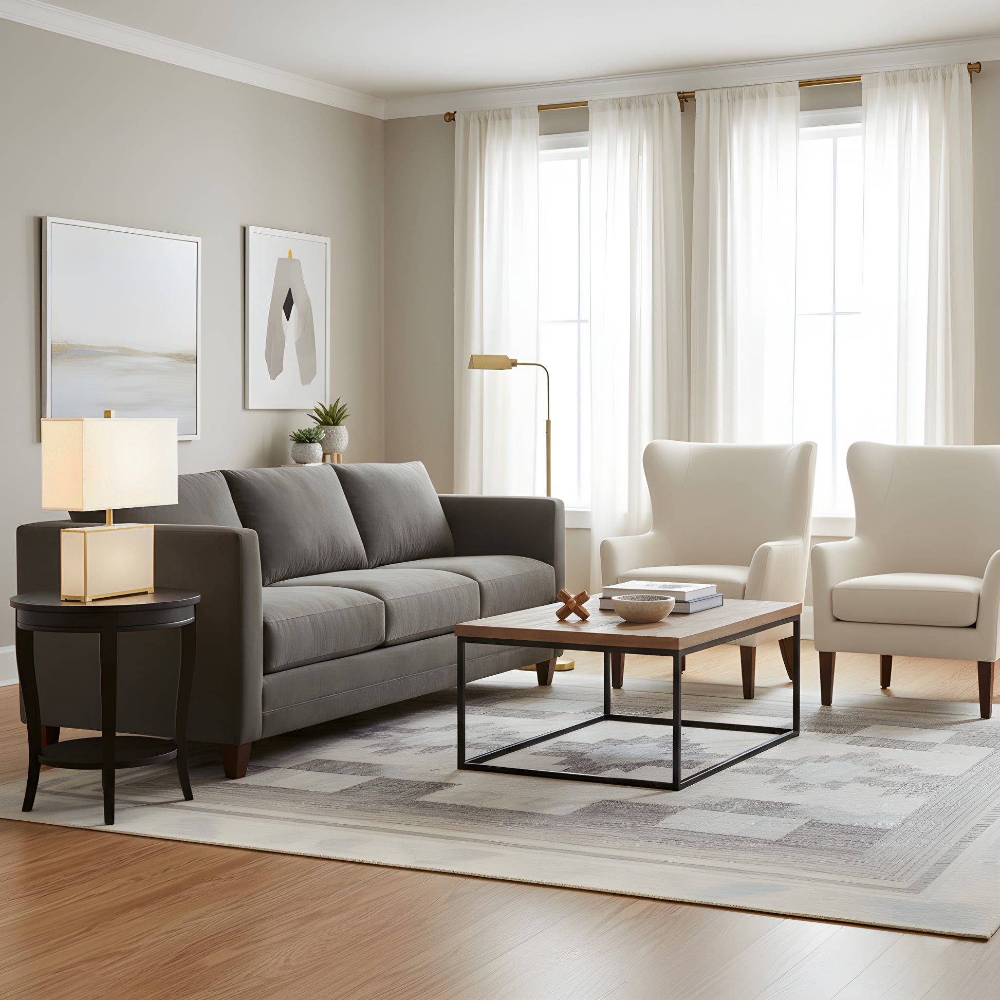 Modern living room with gray sofa, white chairs, and an alabaster lamp.