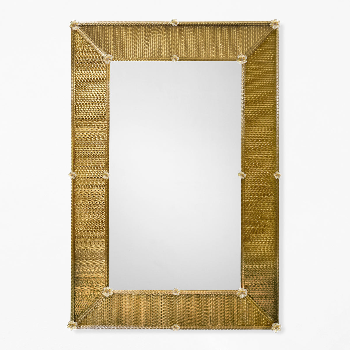A gold Murano glass mirror with gold rosettes.
