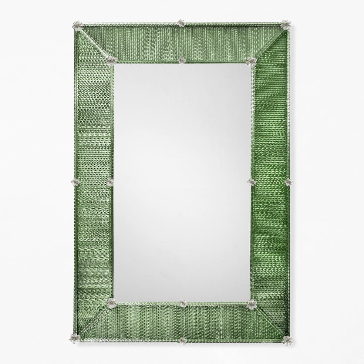 A green Murano glass mirror with clear rosettes.