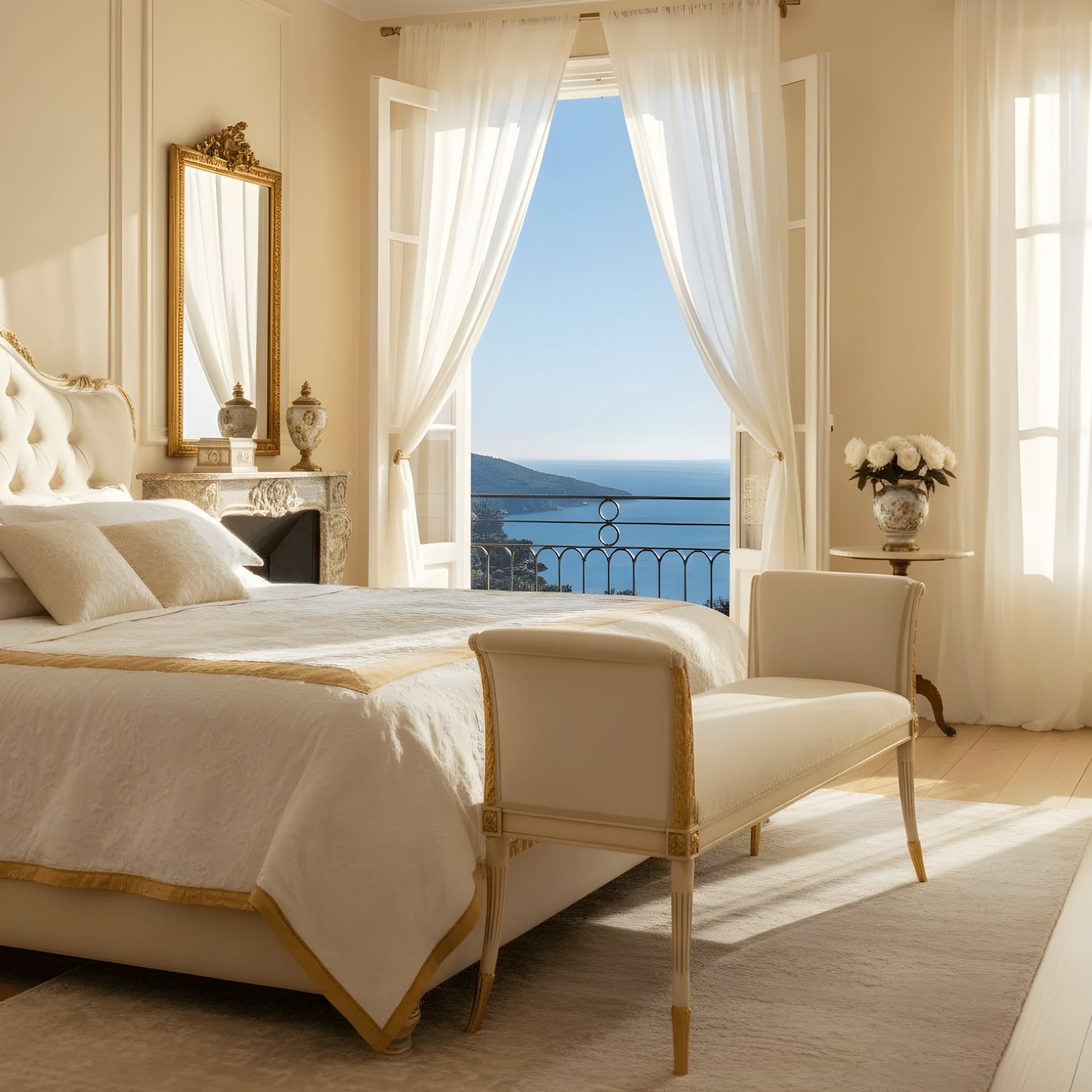 Luxurious bedroom with a large bed, a gold-leaf antique bench, and scenic ocean view.