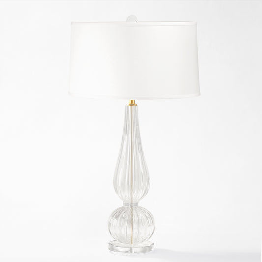 Clear Murano glass table lamp with white lamp shade.