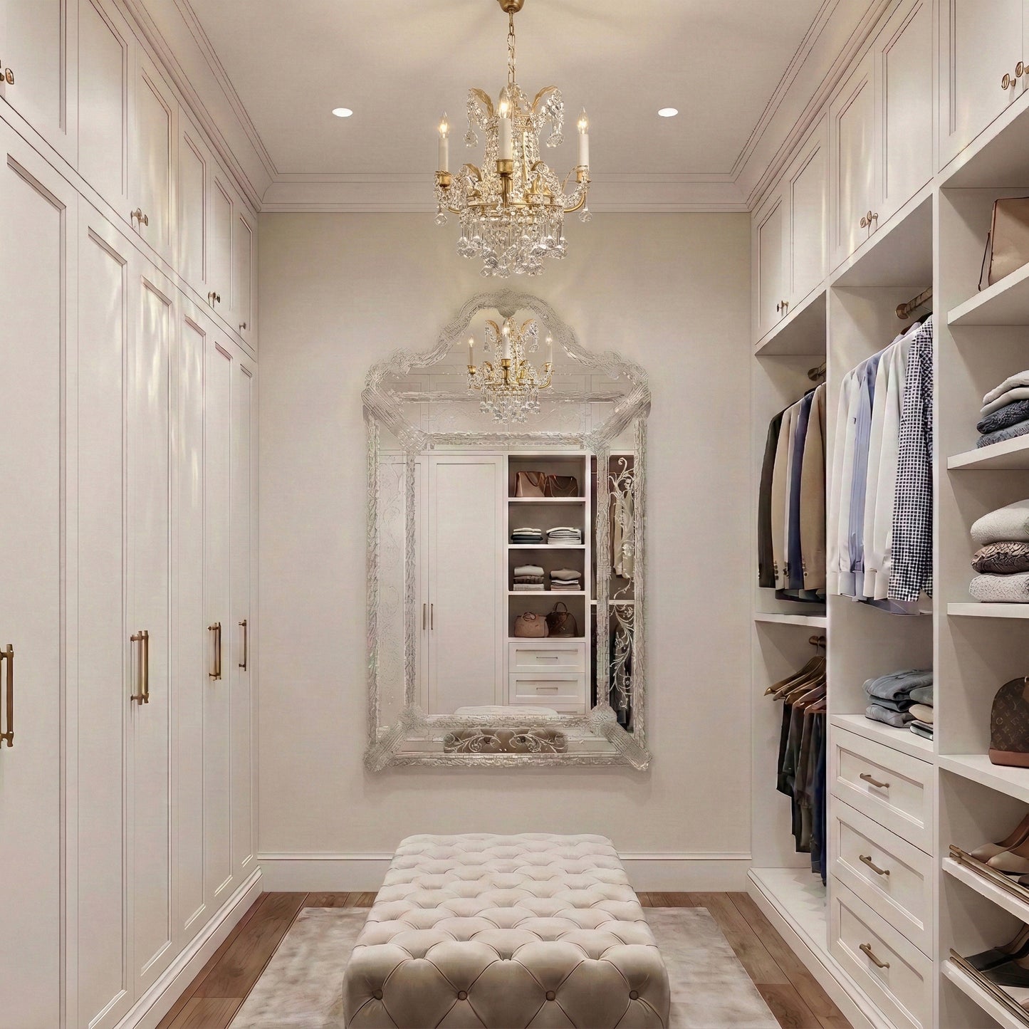 A silver Venetian glass mirror in a luxurious walk-in closet with a gold Italian chandelier.
